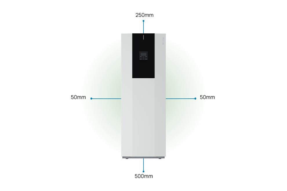 Distances to maintain indoor unit 50millimetres side, 500millimetres front, 250millimetres above.