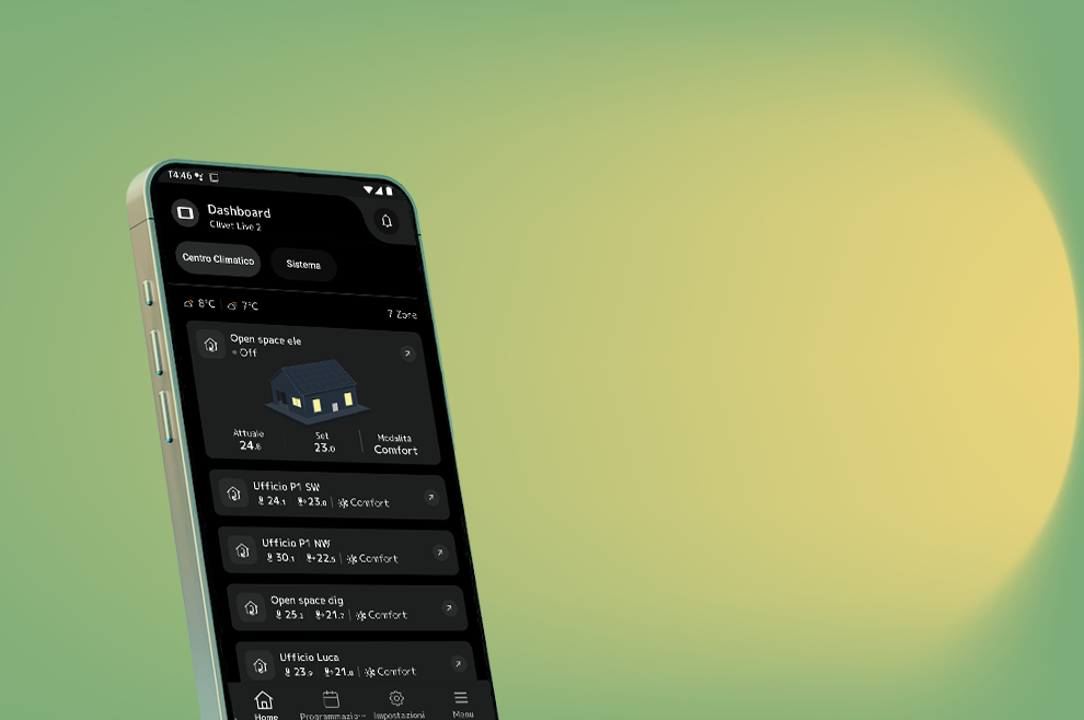 Telefono con applicazione Clivet eye, puoi gestire l'unità e i consumi direttamente dal tuo smartphone