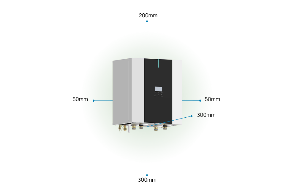SPHERA EVO 2.0 BOX, gli spazi necessari per l'installazione sono: 50millimetri ambo i lati, 200 millimetri sopra, 300 millimetri sotto, 300 millimetri frontalmente