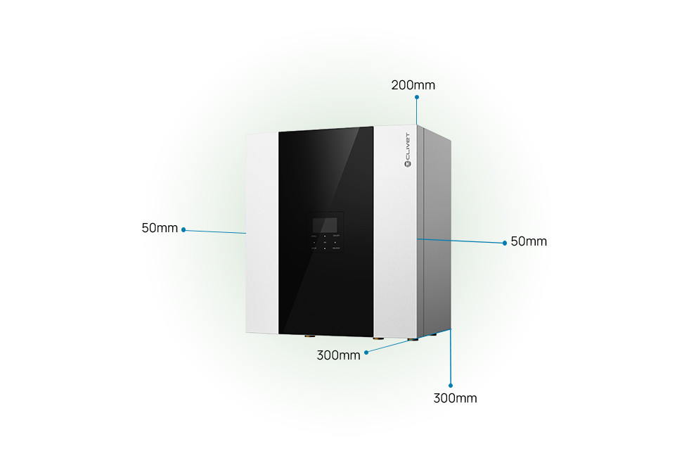Respect distances to be maintained 50 millimetres on both sides, 300 millimetres in front, 300 millimetres below and 200 millimetres above