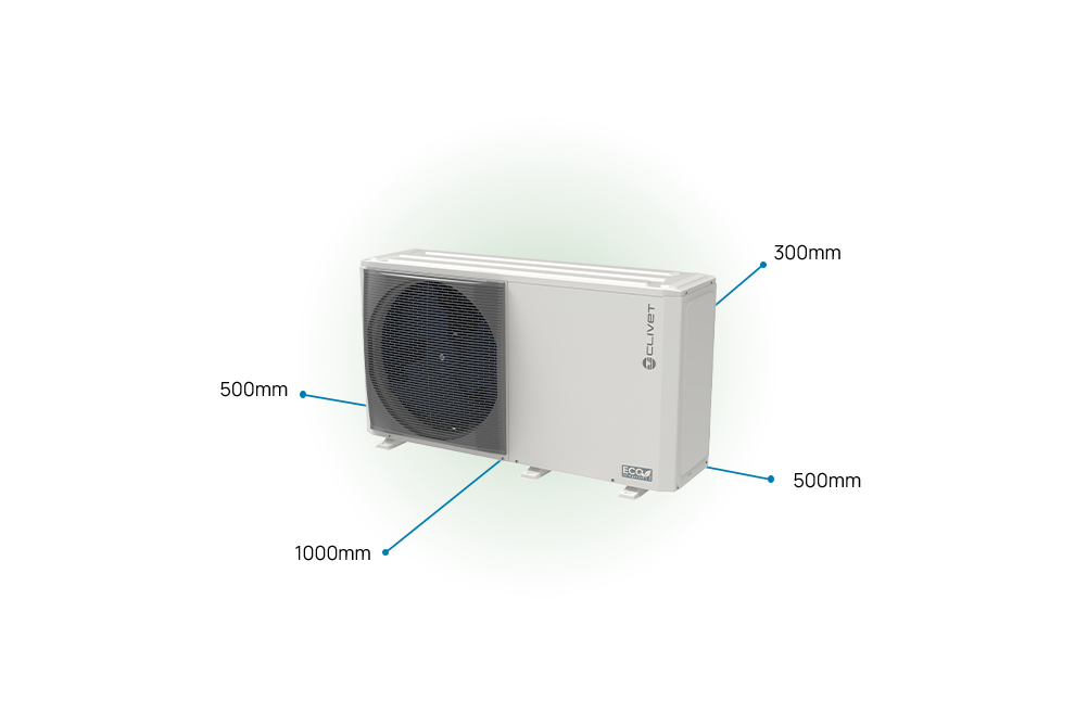 Distances to maintain indoor unit 1000 millimetres front, 500 millimetres both sides, 300 millimetres back side.