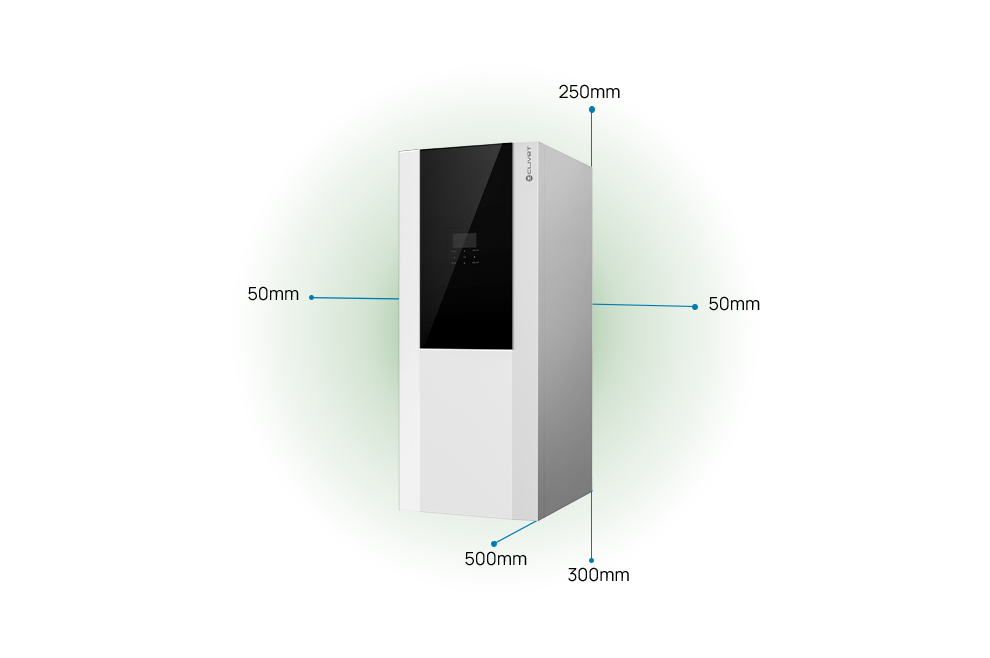 Distances de sécurité à maintenir 500 mm à l’avant, 50 mm de chaque côté, 300 mm en dessous, 250 mm au-dessus