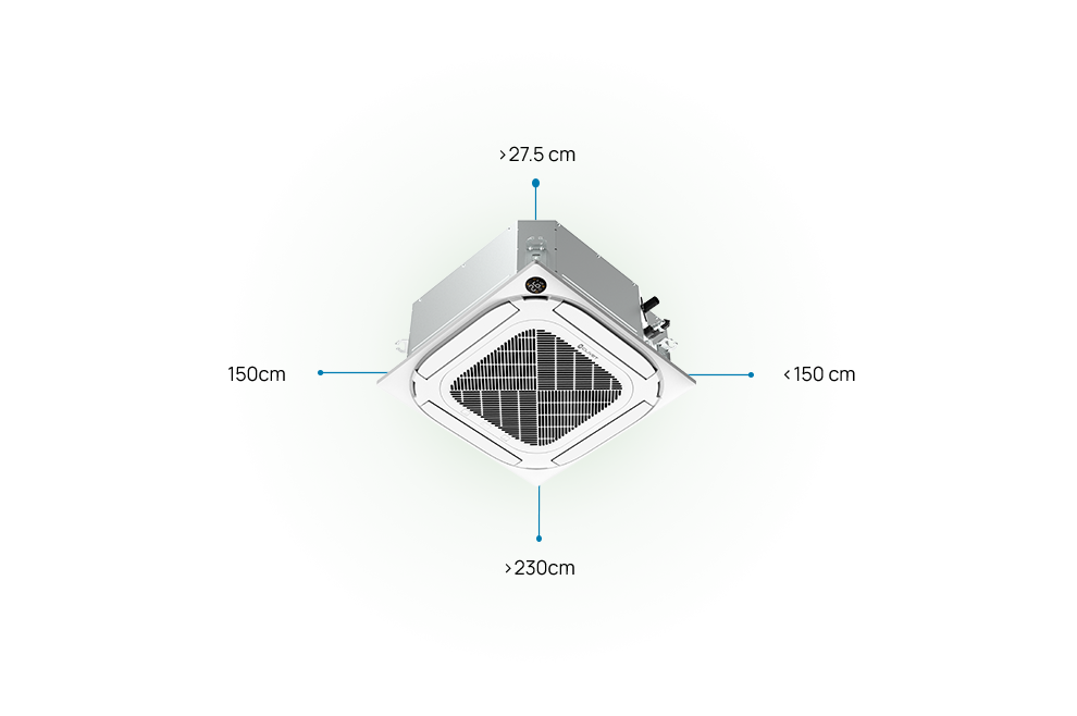 Clearance distances to maintain for 4-way cassettes: <150 cm on both sides, 2.3 metres below and 27.5 centimetres above