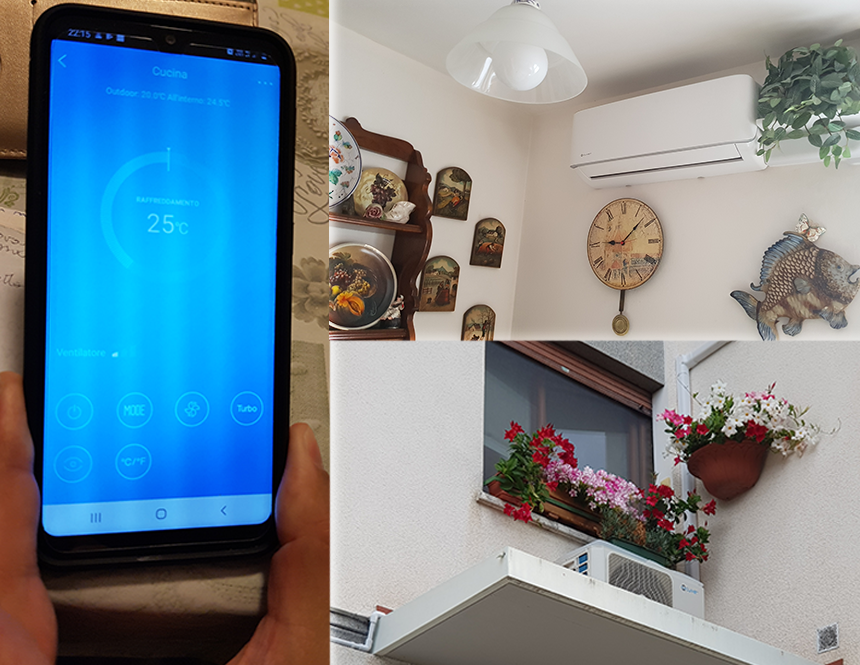 Phone with App for system control, photos of installed indoor and outdoor units